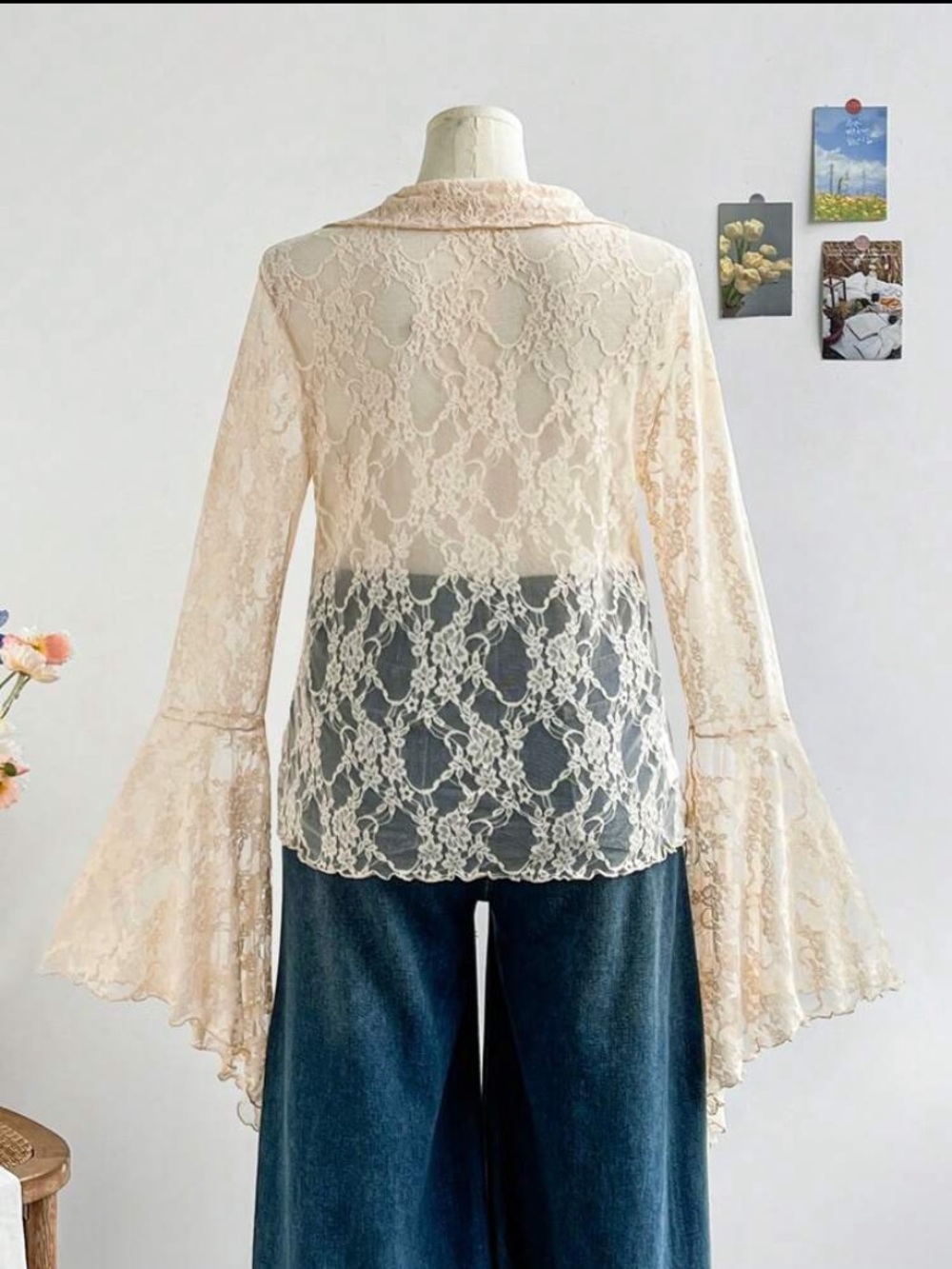 Sheer Lace Tie-Front Blouse in Soft ivory - Picture 3 of 7